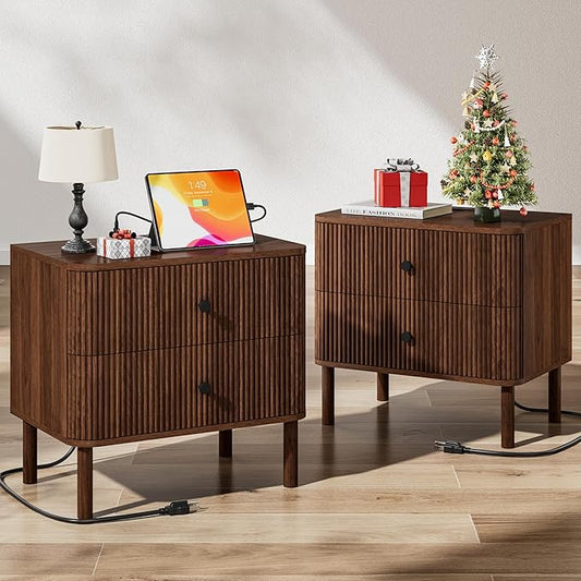 Night Stand Set of 2 with Charging Station, 24" Large Fluted Nightstand with Rounded Corners & Solid Wood Legs, 2 Drawers Mid Century Modern Bedside Table for Bedroom, Walnut