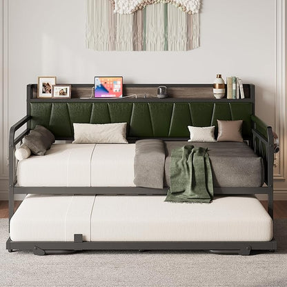 LIKIMIO Daybed with Trundle Bed, Twin XL Bed Frame with Storage Headboard and Charging Station, Sofa Day Bed with Strong Supports for Living Room, Bedroom, and Guest Room, Green