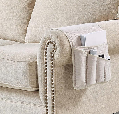 Brilliant Sunshine Premium Beige Sofa Armrest 5 Pockets Organizer, Couch Recliner Chair Caddy, 1/2" Channel Quilted, Washable Remote Controls Holder, Storage for Magazine, Tablet, 35×13", Light Beige