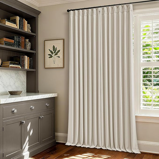 Extra Wide Blackout Curtains 70 x 108 Inches Long for Bedroom Living Room Neutral Farmhouse Pinch Pleated Double Layer Thick Linen Drapes Thermal Insulated with Back Tab for Large Windows 1 Panel