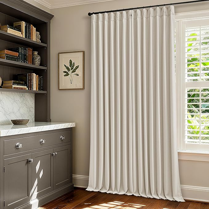 100 Inch Blackout Linen Curtains Pinch Pleated Back Tab Dual Layer Thermal Inslulated Room Darkening 100% Black Out Curtains 2 Panels for Sliding Glass Door Bedroom Living Cream Ivory Window Drapes
