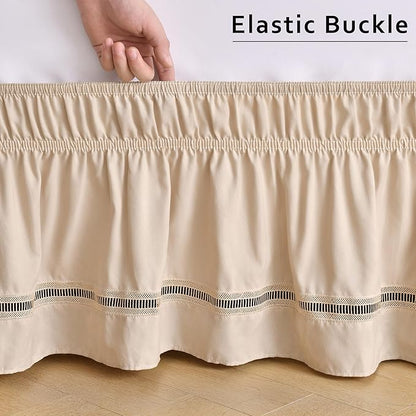 MIYE Wrap Around Ruffled Lace Bed Skirt, Elastic Dust Ruffle with Adjustable Belts, Easy to Put On, Bed Frame Cover, Machine Washable (Ruffled Lace/Beige, Full/Twin-15 Drop)