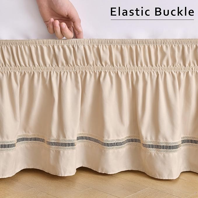 MIYE Wrap Around Ruffled Lace Bed Skirt, Elastic Dust Ruffle with Adjustable Belts, Easy to Put On, Bed Frame Cover, Machine Washable (Ruffled Lace/Beige, King/Queen-12.5" Drop)