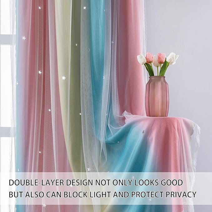 XiDi Dream Star Blackout Curtains for Kids Rooms Girl Princess Curtain for Daughter Bedroom Window (Pink Blue, W34 X L84)