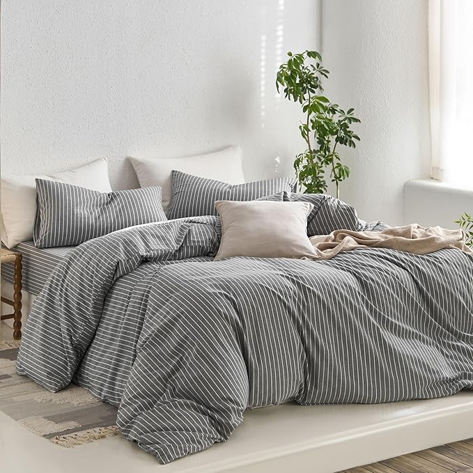 MooMee Striped Duvet Cover Set 100% Washed Cotton Linen Like Textured Breathable Durable Soft Comfy (Dark Grey White Wide Stripes, Queen 90"x90")