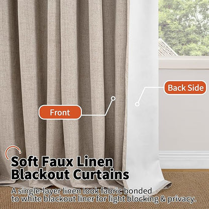 Beige 100% Blackout Curtains for Living Room 90 Inch Length 2 Panels Set, Thermal Insulated Light Blocking Faux Linen Curtains for Bedroom, Bronze Grommet Boho Window Drape Each 52" Wide
