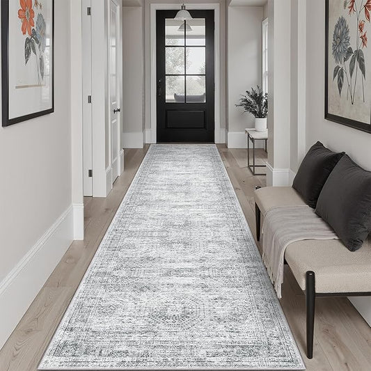 Runner Rug 2'6" x 10' Washable Non-Slip Runner Rugs for Kitchen Bathroom Laundry Room Vintage Ultra Thin Runners for Hallway Entryway Grey