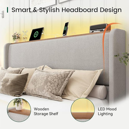 LARMACE Queen Size Bed Frame with LED Lights and Charging Station Linen Upholstered Platform Bed Frame with 51.2" Tall Wingback Headboard and Storage Shelf, No Box Spring Needed, Easy Assembly, Grey
