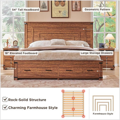 T4TREAM Farmhouse Queen Size Bed Frame with 54" Tall Geometric Headboard & 2 Large Storage Drawers, Rustic Wood Platform Bed with Wood Slats Support, No Box Spring Needed, Reclaimed Barnwood