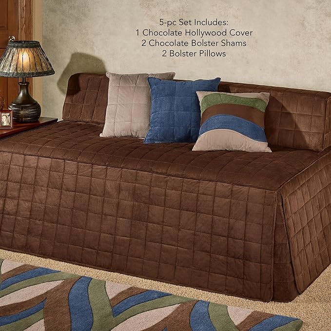 Camden Luxury Bedding | Neutral Chocolate Brown Color | Fitted Hollywood Daybed Bedding | Faux Suede Box Quilted Design | 5 Piece Set Includes Hollywood Cover, 2 Bolster Shams, and 2 Bolster Pillows