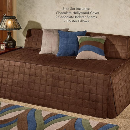 Camden Luxury Bedding | Neutral Chocolate Brown Color | Fitted Hollywood Daybed Bedding | Faux Suede Box Quilted Design | 5 Piece Set Includes Hollywood Cover, 2 Bolster Shams, and 2 Bolster Pillows