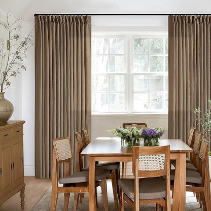Dutch Cocoa 90 Inch Linen Curtains Pinch Pleated for Living Room Bedroom Dining Boho Brown Light Filtering Pinch Pleat Drapes Hooks Rings Back Tab Semi Sheer Dark Brown Window Curtains 2 Panels
