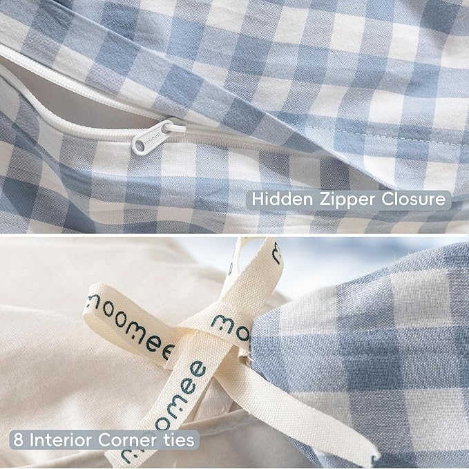 MooMee Gingham Duvet Cover Set 100% Washed Cotton Linen Like Textured Breathable Durable Soft Comfy Modern Checkered Design (Classic Gingham Cornflower Blue, Super Queen 90"x98")