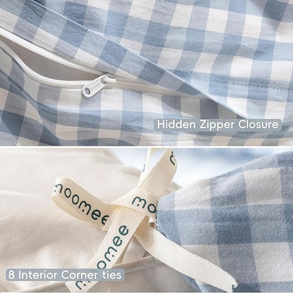 MooMee Gingham Duvet Cover Set 100% Washed Cotton Linen Like Textured Breathable Durable Soft Comfy Modern Checkered Design (Classic Gingham Cornflower Blue, Super Queen 90"x98")