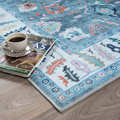 Fame Rugs Teal Modern Oushak Rug 2x3, Vintage Doormat Turkish Colorful Oriental Antique Inspired Washable Small Area Rug, Luxury Living Room Bedroom (995T, 2' x 3')