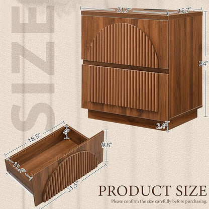 Yechen Nightstand with Drawers, Modern Arched Reeded Wood Nightstand with Charging Station, Wooden Night Stand with Storage,Bedside End Tables for Bedroom, Walnut