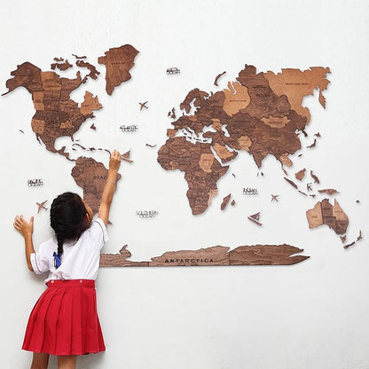 Handmade 3D Wood World Map Wall Art Large Wall Decor Track Your World Travels - Special for Home, Kitchen and Office (X-Large, Oak)