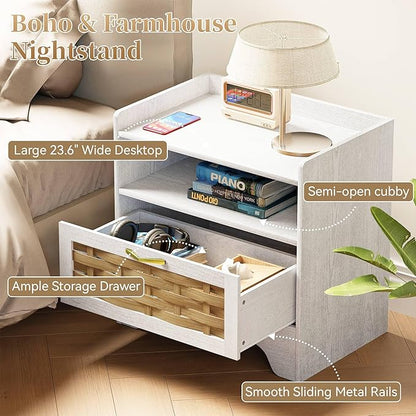 24" Rattan Nightstand Set of 2, White Bedside Table with Semi Open Cubby, Boho Night Stand with Farmhouse Arched Base for Bedroom, Side Table, End Table for Dorm