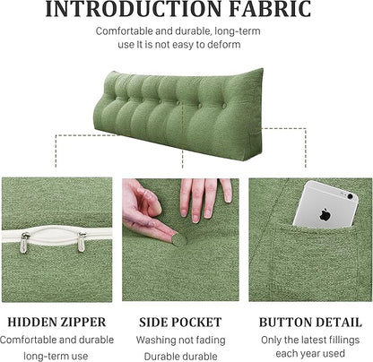 homecozy Wedge Headboard Pillow Dorm Room Reading Pillow Back Support for Sitting Up in Bed Bolster Lumbar Cushion Body Positioning Bedrest Cotton Linen 76in Grass Green King