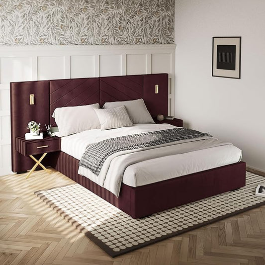 DEINPPA Luxury Queen Bed Frame with Built-in Gold LED Lights and Nightstands, Queen Size Platform Bed with Oversize Upholstered Headboard, No Box Spring Needed-Burgundy