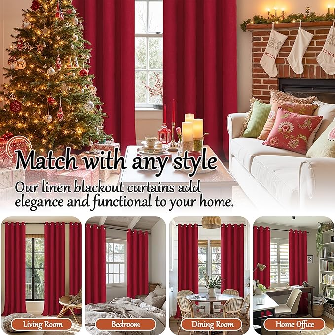Red Christmas 100% Linen Blackout Curtains 63 Inch Long 2 Panels, Thick Heavy Thermal Insulated Cold Blocking Noise Reducing Window Curtains for Winter Decoration, Each 52x63 Inch 2 Panels