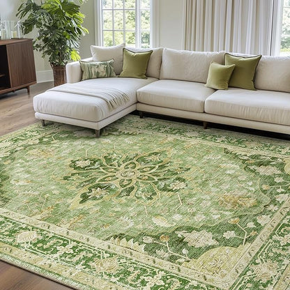 Area Rugs 7'x9' Washable Non-Slip, Floral Vintage Distress Print Pattern Medallion Carpet for Living Room Bedroom Dining Room, Sage Green Yellow
