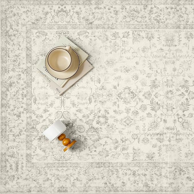 3x5 Grey Area Rug Non Slip Vintage Office Entryway Rug Distressed Machine Washable Kitchen Carpet Traditional Retro Floral Accent Throw Door Mat for Bedroom Bathroom Dining Living Room