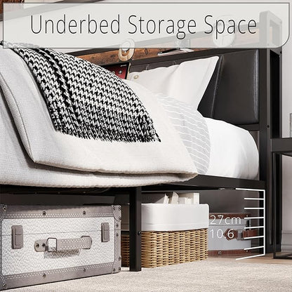LIKIMIO Queen Bed Frame, Storage Headboard with Charging Station, Solid and Stable, Noise Free, No Box Spring Needed, Easy Assembly (Vintage and Black)