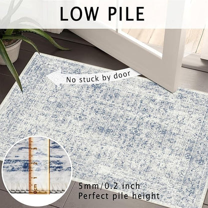 8x10 Area Rugs for Living Room, Non-Slip Backing Washable Rug 8x10, Blue Large Area Rug Soft Carpet for Bedroom Dining Room, Vintage Floral, Easy Clean, Durable, Low Pile Rug Under Table