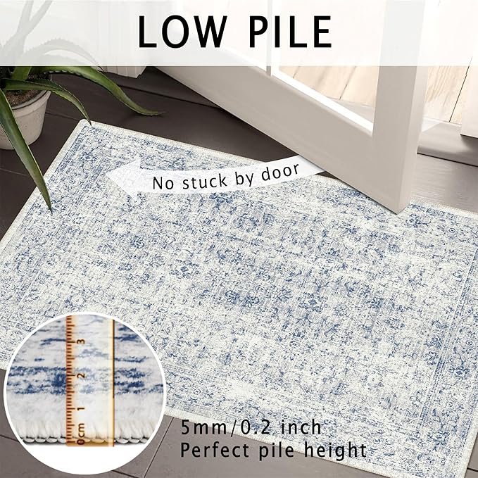 4x6 Rug, Small Area Rug for Living Room, Bedroom, Kitchen, Machine Washable Non-Slip Throw Rug, Vintage Distressed Floral Carpet for Entryway Nursery Dinner Room - Durable (Blue)
