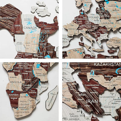 Handmade 3D Wood World Map Wall Art Large Wall Decor Track Your World Travels - Special for Home, Kitchen and Office (Medium, Cappuccino)