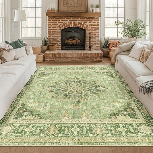Area Rugs Square 8ft Washable Non-Slip, Floral Vintage Distress Print Pattern Medallion Carpet for Living Room Bedroom Dining Room, Sage Green Yellow
