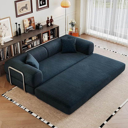 79" Convertible Sofa Bed with Fixed-Shape Frame, Corduroy Folding Pull Out Couch, No Assembly Modern Boneless Couch Compression Sofa in Box, Floor Sofa for Living Room,Blue