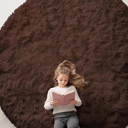 OLANLY Coffee Round Rugs for Bedroom - Machine Washable, 9 ft Circle Area Rugs for Living Room, Soft and Fluffy Shaggy Carpet for Teen Girls and Boys, Nursery Rooms, Dorms, Home Decor Aesthetic