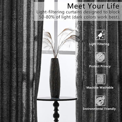 SMILETIME Grey Crushed Velvet Curtains 52x96inch Rod Pocket Luxurious Thermal Insulated Soundproof Drapes Soft and Durable Light-Filtering Window Treatments for Living Room Bedroom, 2 Panels