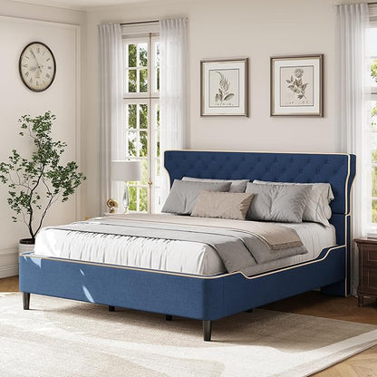 Christopher Knight Home Salus Linen Upholstered King Size Bed Frame with Headboard, Modern King Bed Frame and Headboard, Wooden Slats Support, Easy Assembly, No Box Spring Needed, Blue