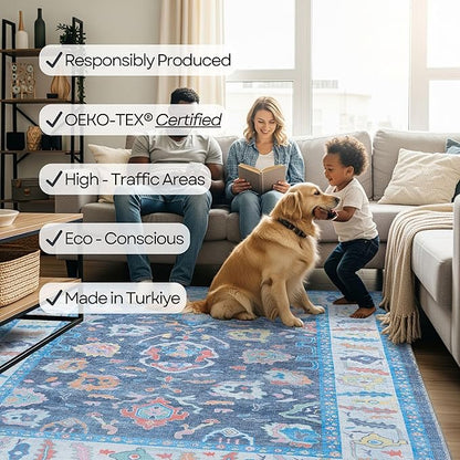 Fame Rugs Blue Modern Oushak Rug 5x7, Washable Vintage Turkish Colorful Oriental Antique Inspired Area Rugs, Luxury Living Room Bedroom (387BNB, 5' x 7')