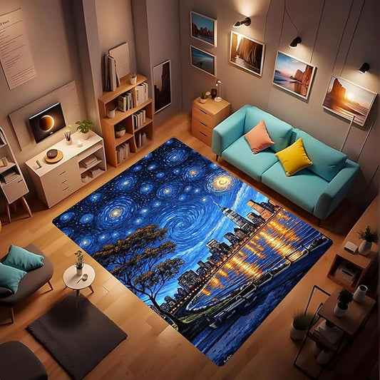 Machine Washable 5' x 7' Oil Painting-Style Area Rug, Bule Floor mat, Suitable for bedrooms, Girls' Room Bedside, Living Room, Dining Room, Office, Non-Slip Low-Pile Stars and Swirls Carpet