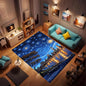 Machine Washable 5' x 8' Oil Painting-Style Area Rug, Bule Floor mat, Suitable for bedrooms, Girls' Room Bedside, Living Room, Dining Room, Office, Non-Slip Low-Pile Stars and Swirls Carpet