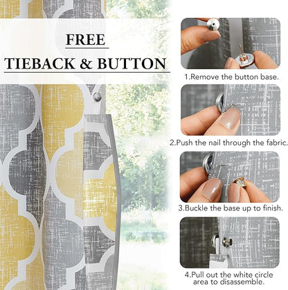 Beauoop 100% Blackout Curtains 84 Inches Long for Patio Sliding Door Yellow Grey Extra Wide Moroccan Geo Room Darkening Thermal Soundproof Room Divider Grommet Window Treatment Drapes,100x84 Set of 1