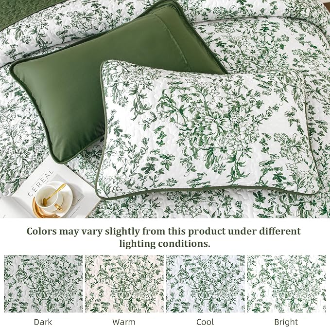 WONGS BEDDING Quilt King Size, Green Quilt Bedding Set with 2 Pillowcases, Botanical Quilt for King Bed, Soft Microfiber Lightweight Coverlet Bedspread for All Season (110"×90", 3 Pieces)