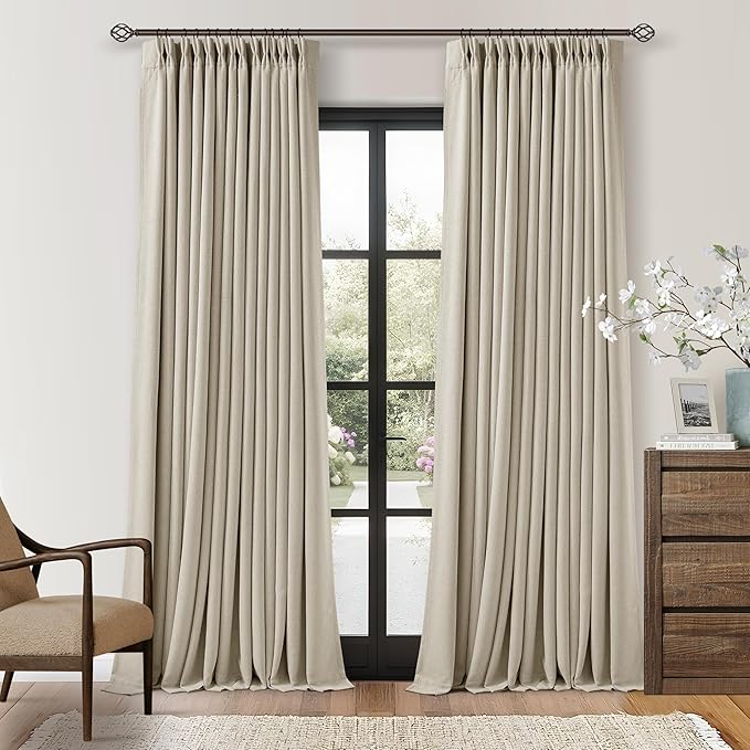 Pinch Pleat Beige 120 Inch Blackout Curtains for Living Room 2 Panels Set 100% Black Out Flax Burlap Beige Oatmeal Pleated Drapes Room Darkening Extra Long Luxury High Ceiling Windows Curtain 10FT
