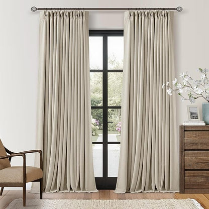 Pinch Pleat Beige 120 Inch Blackout Curtains for Living Room 2 Panels Set 100% Black Out Flax Burlap Beige Oatmeal Pleated Drapes Room Darkening Extra Long Luxury High Ceiling Windows Curtain 10FT