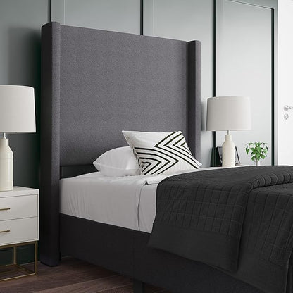 EMMA + OLIVER Nora Twin Size Faux Linen Upholstered Platform Bed with Plush Padded Wingback Headboard (No Box Spring Needed), Modern Upholstered Headboard Twin Bed Frame, Gray