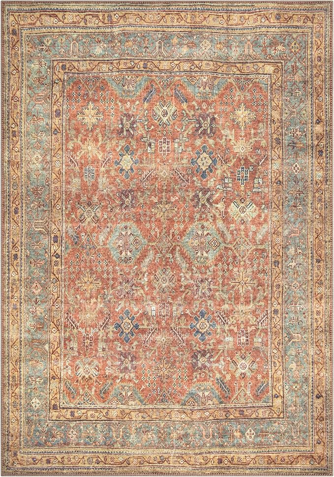 Bloom Rugs Washable Non-Slip 4' x 6' Rug - Terracotta/Mustard Traditional Area Rug for Living Room, Bedroom, Dining Room, and Kitchen - Exact Size: 4' x 6'
