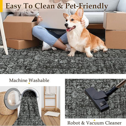 Dark Black Area Rug 6x9 Machine Washable Vintage Living Room Distressed Non Slip Carpet Traditional Indoor Bedroom Retro Floral Accent Throw Large Rug for Office Kitchen Dining Room