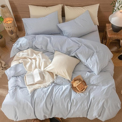 MooMee Striped Duvet Cover Set 100% Washed Cotton Linen Like Textured Breathable Durable Soft Comfy (Cornflower Blue White Wide Stripes, Super King 108"x98")
