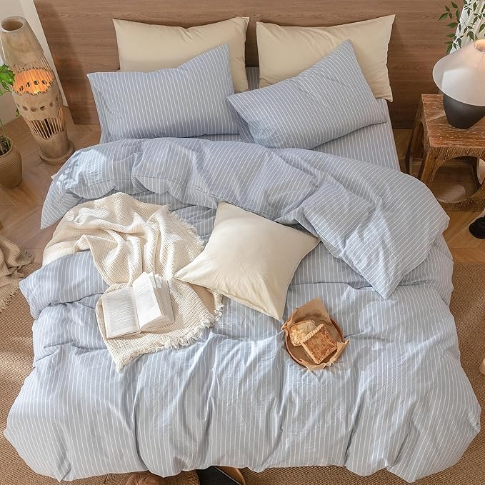 MooMee Striped Duvet Cover Set 100% Washed Cotton Linen Like Textured Breathable Durable Soft Comfy (Cornflower Blue White Wide Stripes, Super Queen 90"x98")