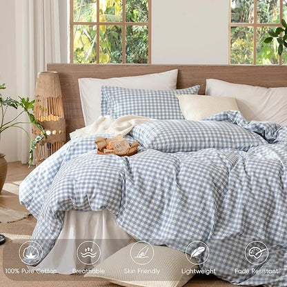 MooMee Gingham Duvet Cover Set 100% Washed Cotton Linen Like Textured Breathable Durable Soft Comfy Modern Checkered Design (Classic Gingham Cornflower Blue, Super Queen 90"x98")