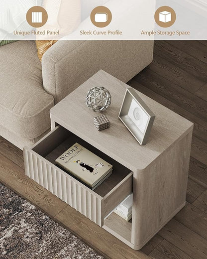 SICOTAS Night Stand Set of 2 Nightstands with Drawer Storage Fluted Bed Side Table End Table Large Modern Wide Bedside Stand Mid Century Night Stands for Bedroom Living Room Sofa Office, White Alder
